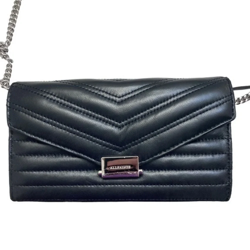 All saints black Justine quilted leather crossbody wallet bag